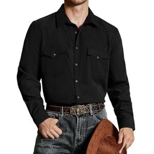 Cowboy Button Up Shirt Long Sleeve with Two Pockets Black